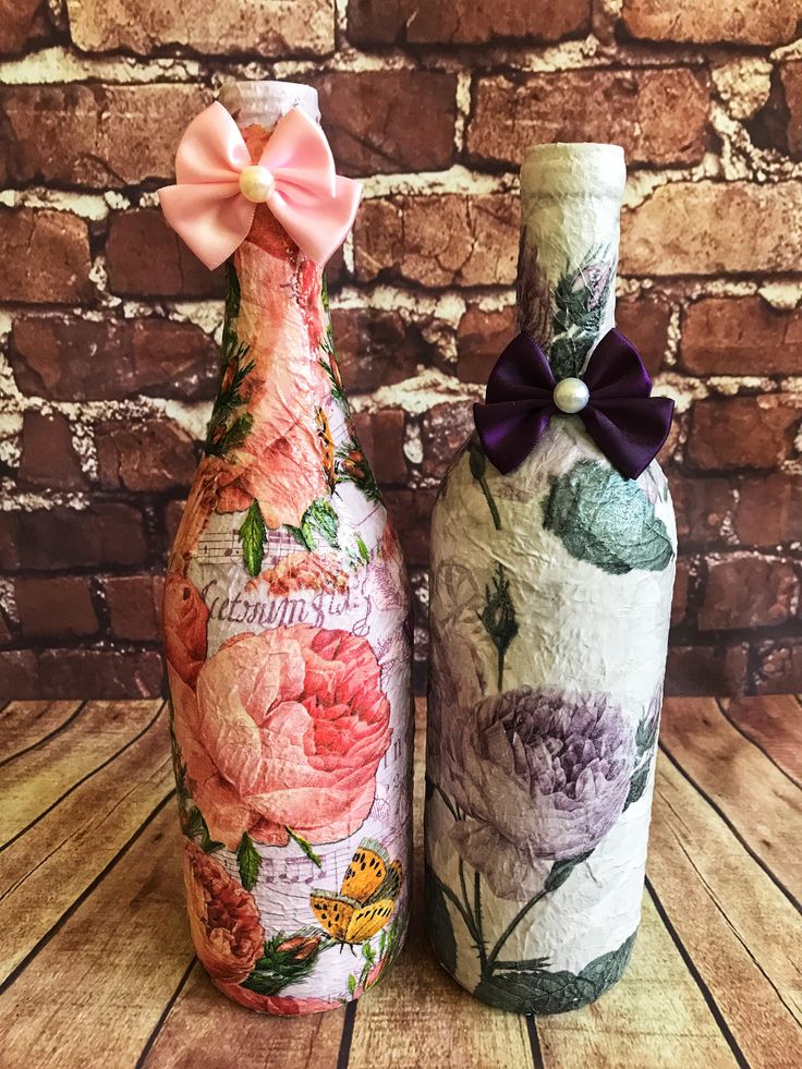 Decorated Wine Glass Bottles Set.Decoupage Craft.Glass Bottles Art.Lavender Bott...