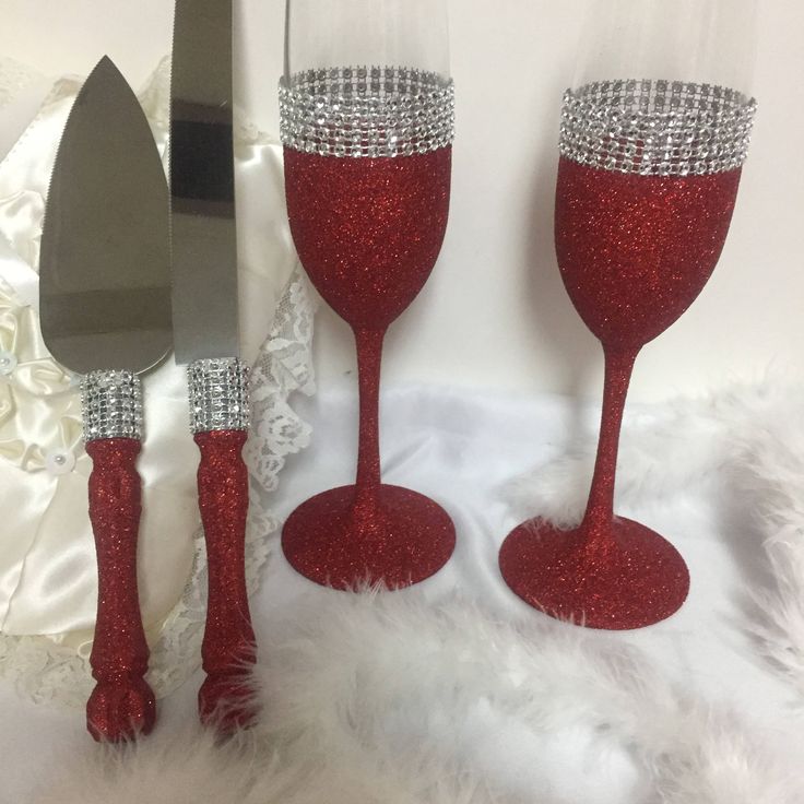 Red glitter cake server red toasting flutes champagne