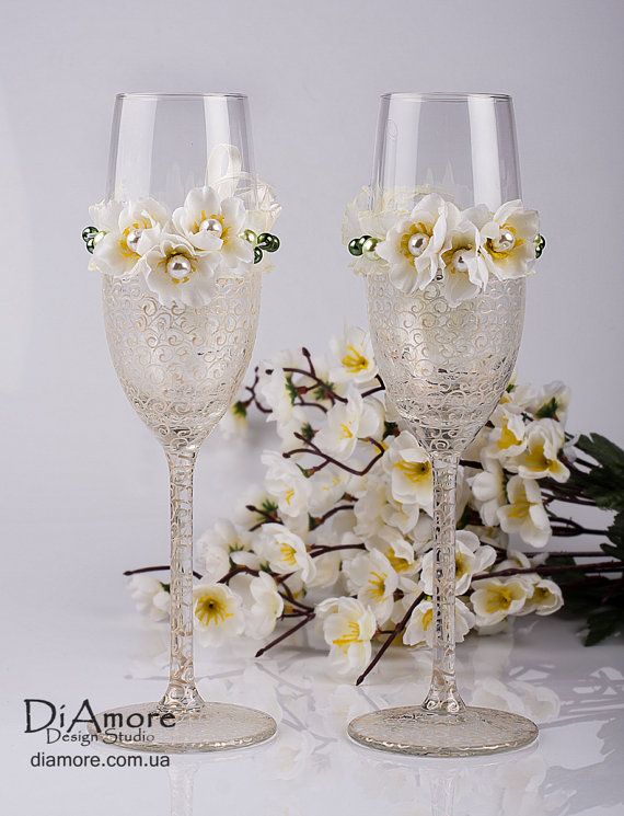 Toasting flutes, ivory spring theme wedding champagne glasses,  hand decorated o...