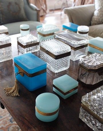 Blue glass and crystal trinket boxes.
