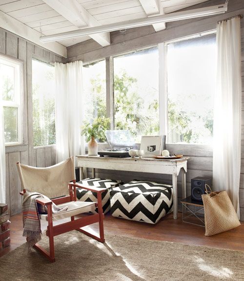 Chevron @west elm poufs double as movie-night seating in this California getaway...
