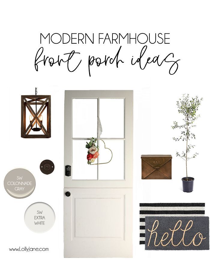 Pretty Modern Farmhouse Front Porch Ideas. Such a pretty mood board + sources ta...