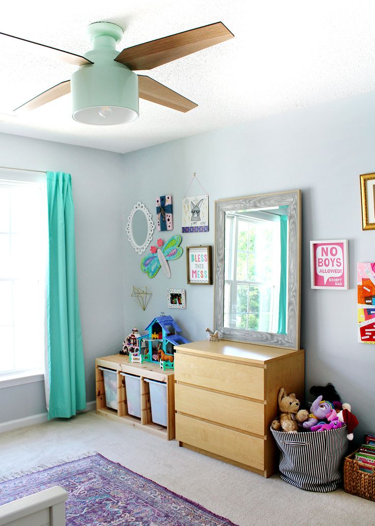 Girl’s bedroom with SW Misty blue paint & Cranbrook ceiling fan #kidsroom #gir...