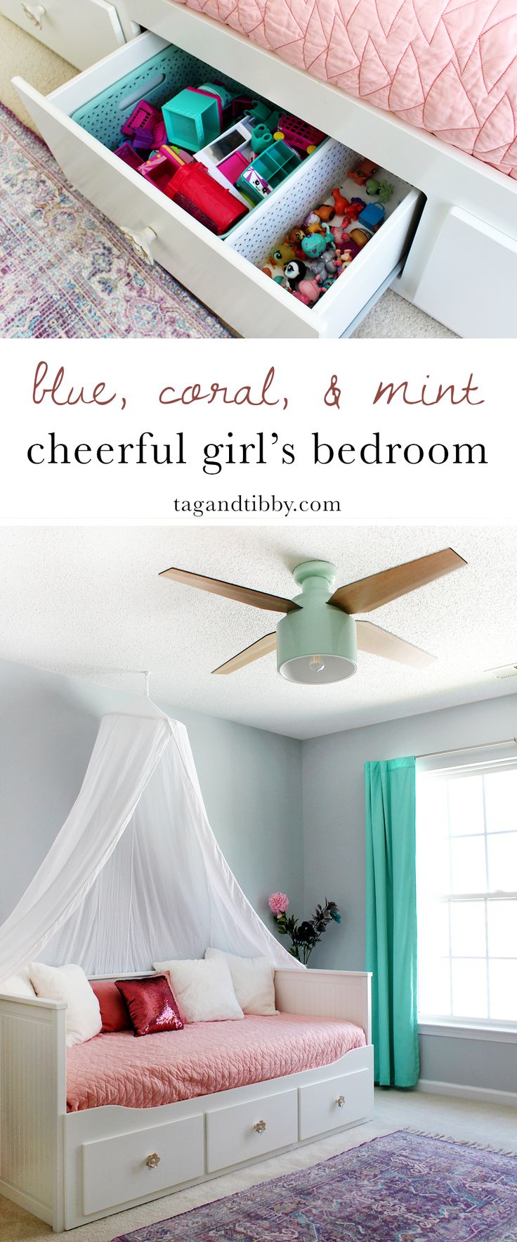 cheerful girl's bedroom in SW Misty blue paint & Cranbrook ceiling fan #kidsbedr...