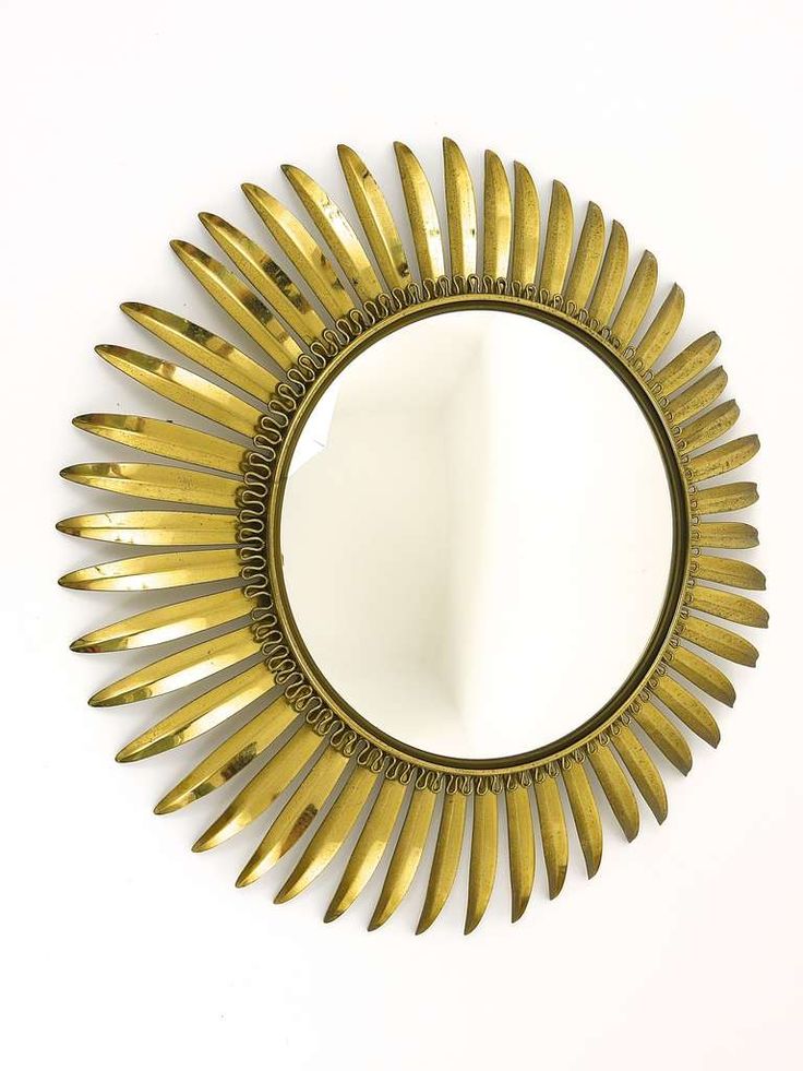 A French Floral Convex Brass Sunburst Mirrors with Leaves,1960's