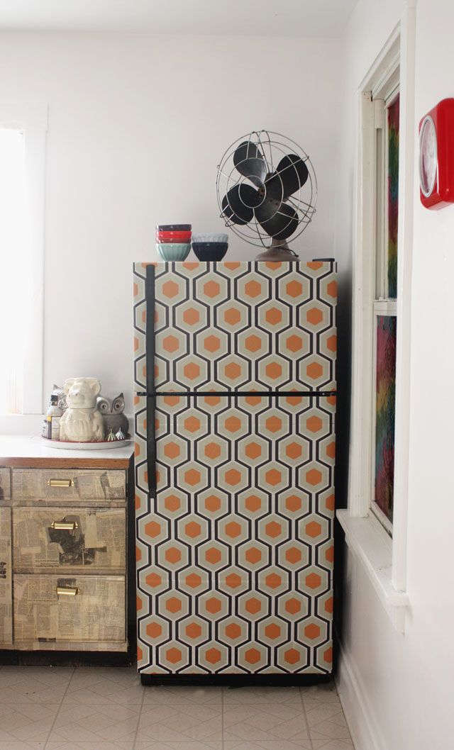 Take your old boring fridge and wallpaper it into something colorful and new