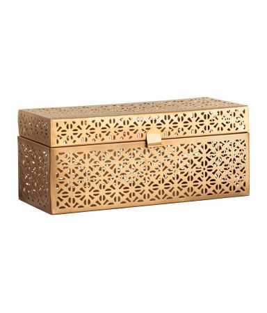 Rectangular box in metal with perforated pattern and lid. Size 4 1/4 x 4 1/4 x 9...