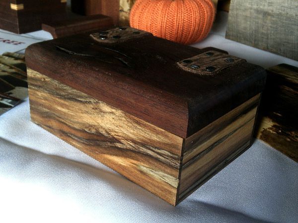 Spalted Maple Keepsake Box with Black Walnut Lid and Leather Hinges and Lining