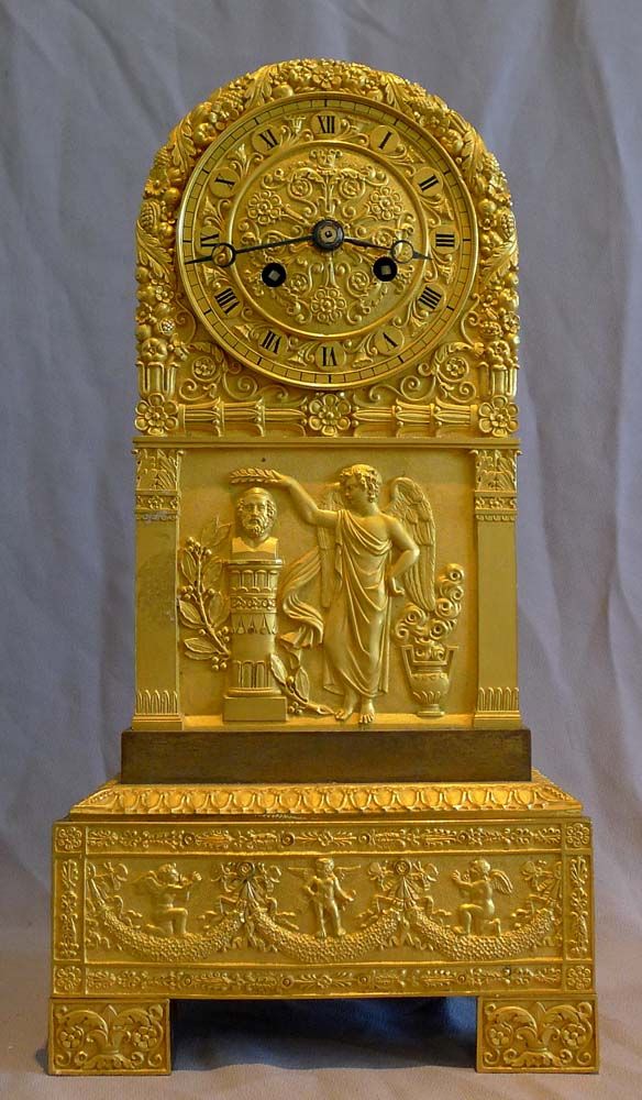 Antique French Charles X mantel clock in patinated bronze and ormolu of Borne ( ...