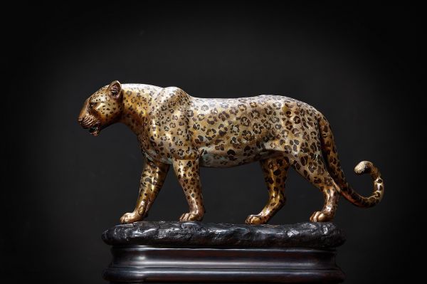 #Bronze, gilded #sculpture by #sculptor Krasimir Krastev titled: 'Leopard (Prowl...