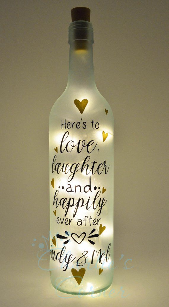 Here's to Love, Laughter & Happily Ever After Light up Bottle, personalised, quote - wedding, anniversary, engagement