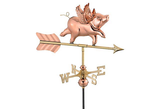 One Kings Lane - Open-Air Charm - Flying Pig Weather Vane, Polished Copper