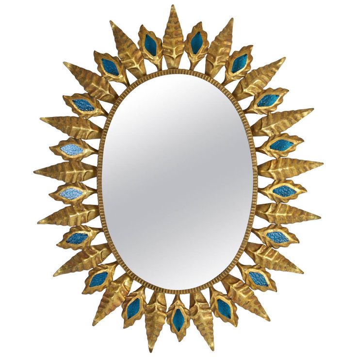 Spanish 1960s Hollywood Regency Gilt Iron Sunburst Oval Mirror with Blue Glasses
