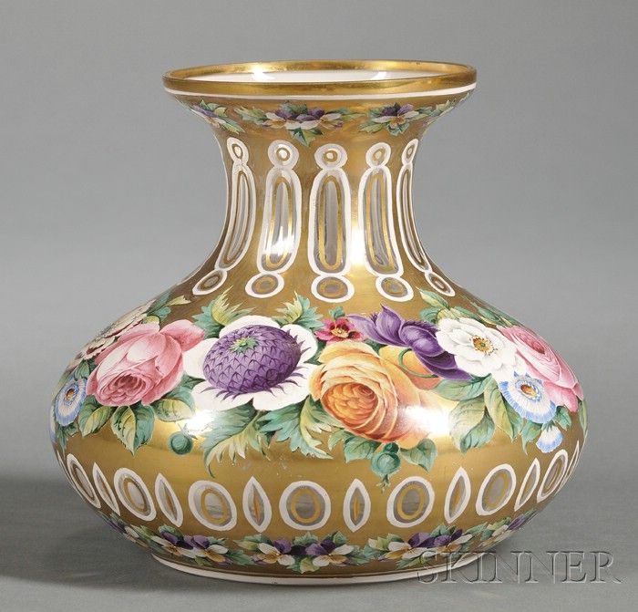 Bohemian Overlay and Cut Glass Vase, 19th century, squat pear shape, white cut t...