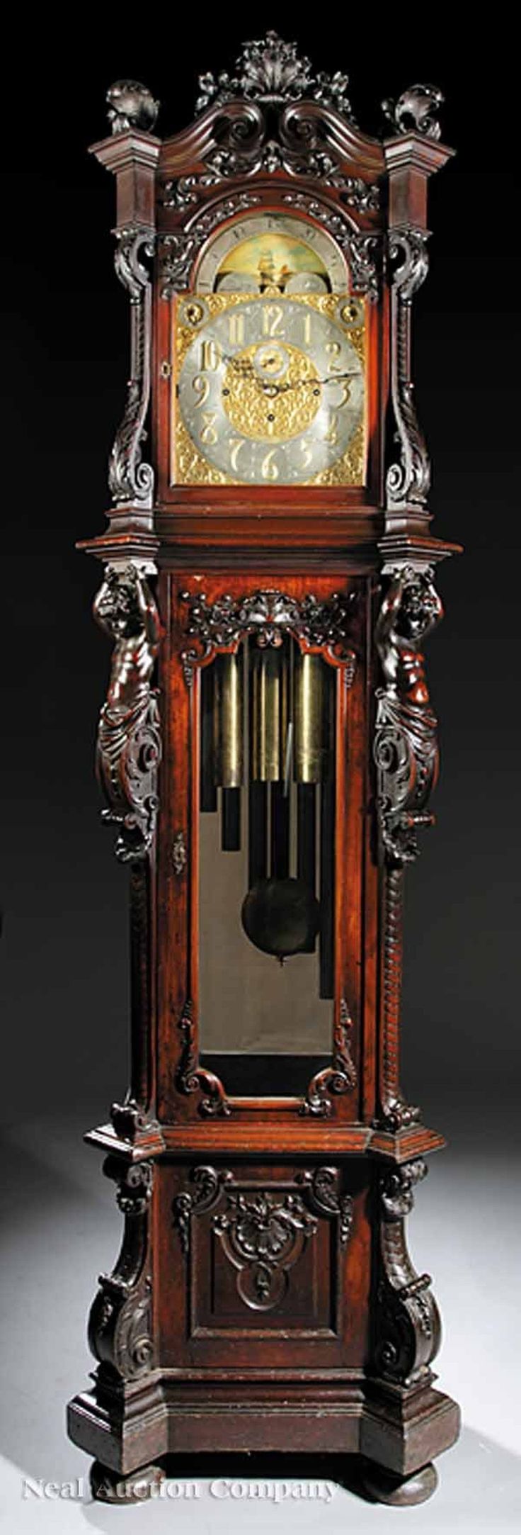 An Important American Carved Mahogany Grandfather Clock , c. 1900, by Walter Dur...