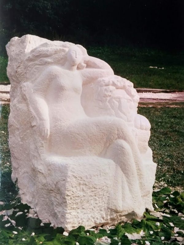 #Sandstone #sculpture by #sculptor Dina Margolina titled: 'Woman and Lion (Conte...