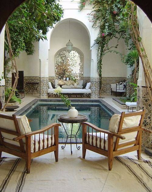 A serene Moroccan courtyard with a beautifully tiled pool. #Moroccan #Courtyard ...