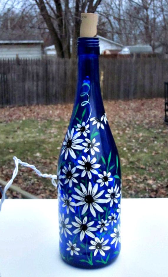 Blue Wine Bottle Light, Table Light,  Hand Painted Wine Bottle Light, White Flow...