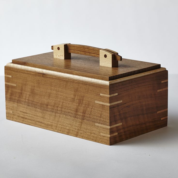 Curly walnut and maple box with splined-miter joints and inset lid with pinned b...