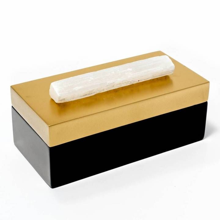Medium Black and Gold Lacquer Box with Selenite Crystal