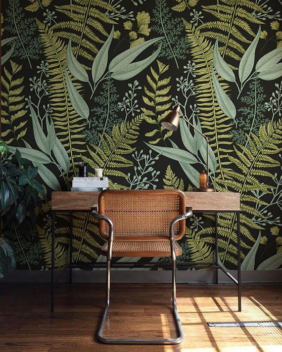 Botanical Wallpaper, Ferns Wallpaper, Wall Mural, Green Home Décor, Herbal Decorations, Easy instal Wall Decal, Removable Wallpaper B008