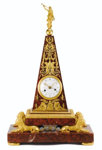 A GILT-BRONZE AND RED GRIOTTE MARBLE MANTEL CLOCK, EMPIRE, ATTRIBUTED TO PIERRE-...