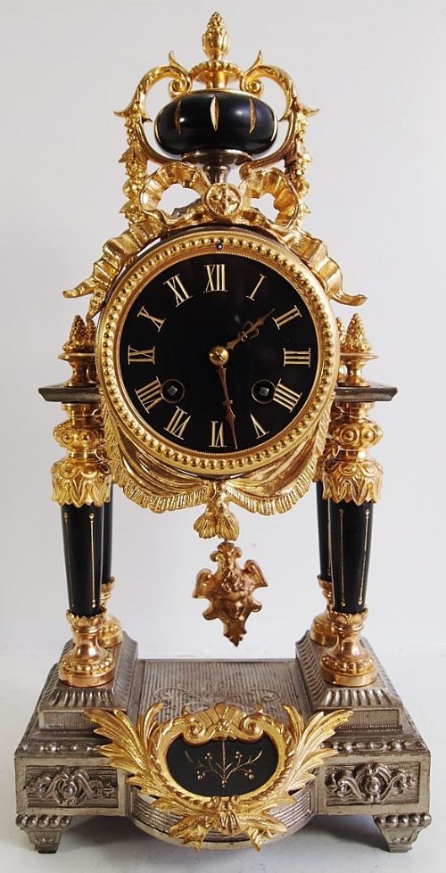 ANTIQUE CLOCK 19THC FRENCH 2 TONE GOLD SILVER GILT PORTICO 8 DAY MANTLE CLOCK