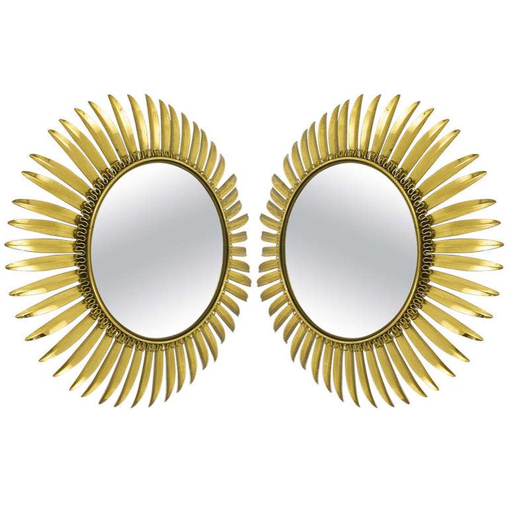 A French Floral Convex Brass Sunburst Mirrors with Leaves,1960's