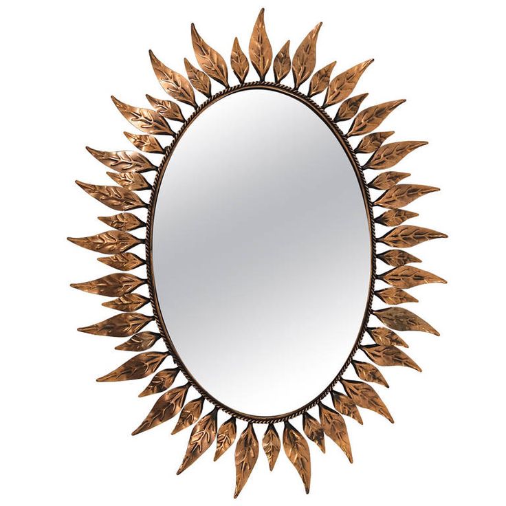 Oval French Copper Sunburst Wall Mirror with Leaves, 1970´s | From a unique col...