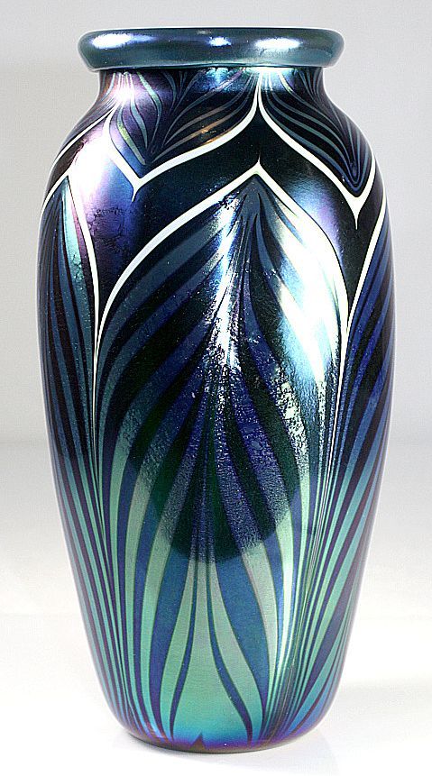 Orient & Flume Blue Iridescent Pulled Feather Pattern Vase
