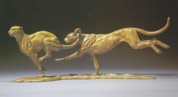 'Cheetahs (Bronze Pair Running in Pursuit sculptures)' by Gill Parker