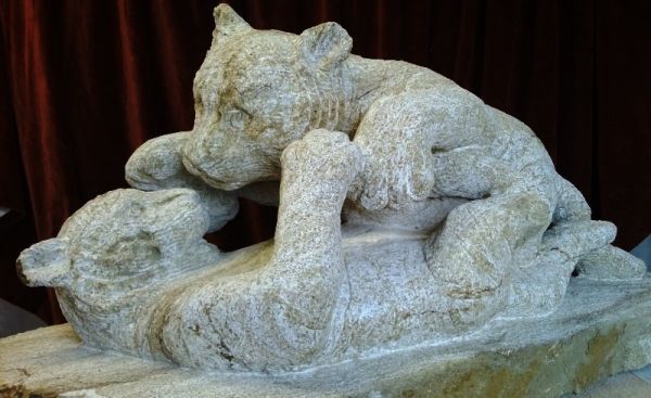 #Stone #sculpture by #sculptor Pippa Unwin titled: 'Tiger Cubs (Carved stone gar...