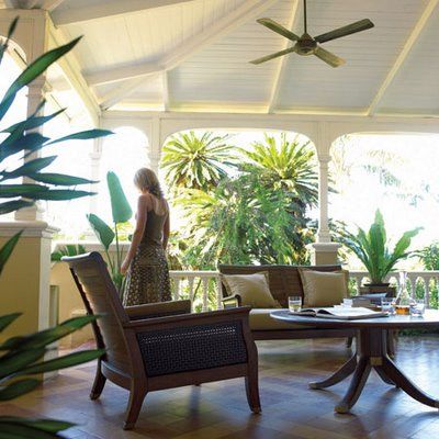 Tropical-chic Design...Love the wide verandas & relaxed lines of teak & rattan f...