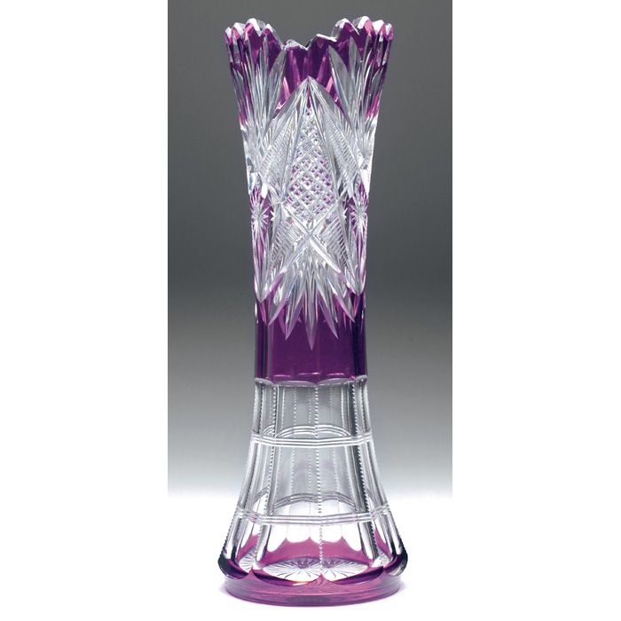 Dorflinger vase, large cut glass form, lavender cut to clear with stylized desig...