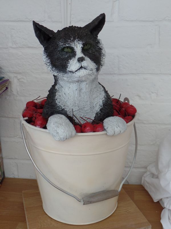 'CAT in CHERRIES (Bucket Looking Surprised statue)' by Dreene Cotton