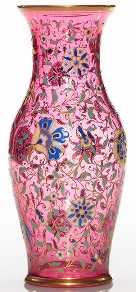 Moser Glass Vase Cranberry Enamel Exotic Flowers & Leaves Gold.