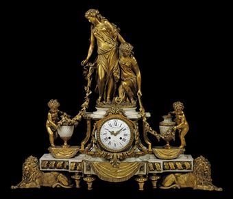 A LARGE NAPOLEON III ORMOLU AND WHITE MARBLE FIGURAL MANTEL CLOCK BY RAINGO FRÈ...