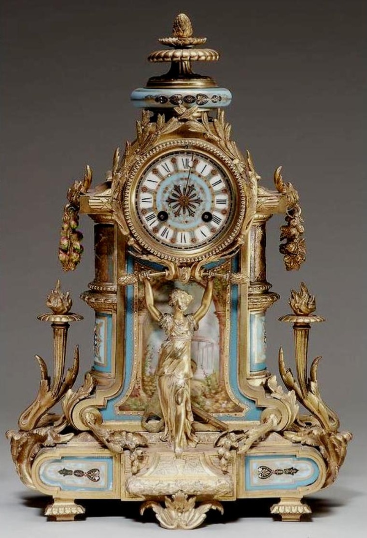 A late 19th century French gilt bronze and Sevres style porcelain mounted mantel...