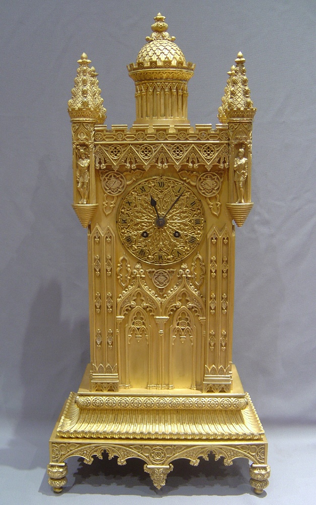 Antique gothic ormolu mantel clock in form of tower or castle - French 1830-1840