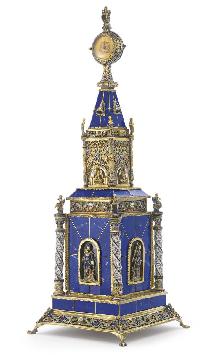 Austrian silver-gilt, enamel, and lapis tower clock, Hermann Boehm, Vienna, circ...
