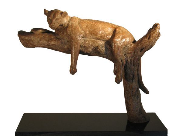 'Leopard on Branch (Small Bronze Resting statuette)' by Camilla Le May