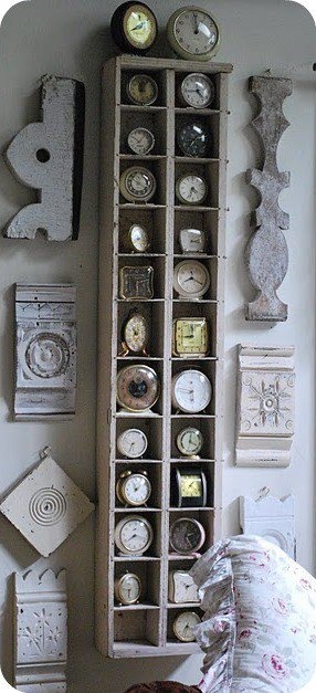 Great architectural pieces with a collection of vintage clocks. Fun! Unknown sou...