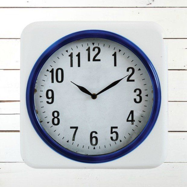 White And Blue Square Retro Wall Clock