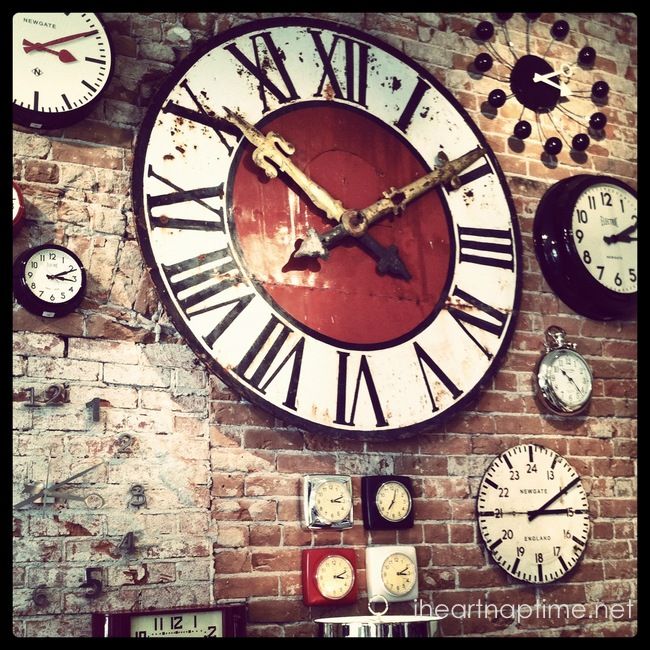 love this wall of clocks.  I would like to do a wall of clocks and compasses.  T...