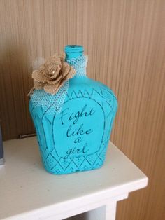 Aged crown royal bottle. painted with acrylic paint and sanded. Handmade burlap ...