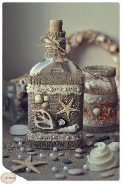 Bottles decorated with burlap and shells