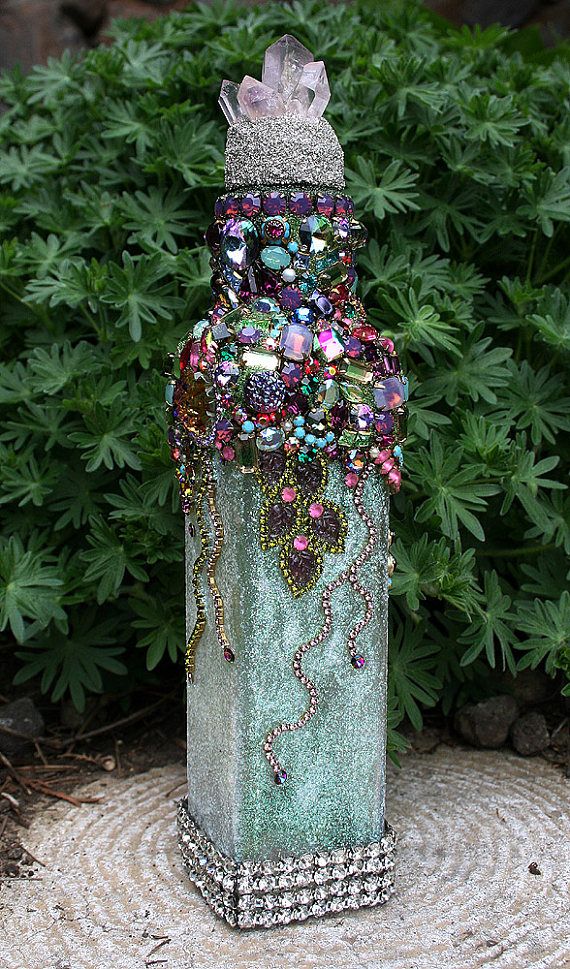 Gorgeous Jeweled Encrusted Crystals Rhinestones Altered Bottle with Swarovksi Crystals and Raw Amethyst Finial Original Art Home Decor