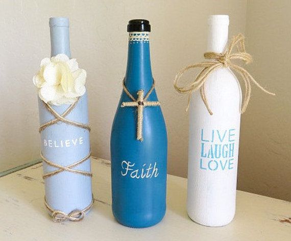 Recycled Wine Bottles, Rustic Decor, Painted Wine Bottle Vase, Upcycled, Wine Bottle,Teal Home Decor, Shabby and Chic Style