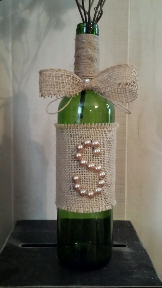 Rustic Burlap Pearl Initial Monogram Wine Bottle Wedding Decor  #handmade