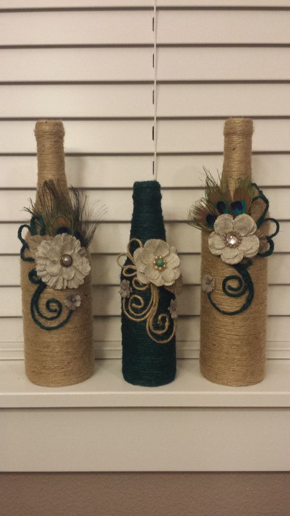 Set of 3 jute twine wrapped wine bottles. Beautiful modern decoration touch on t...
